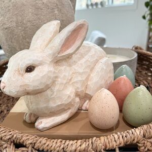 Large Carved Bunny Rabbit Figurine Decor White Beige Pink Brown Eyes 11 X 5 In